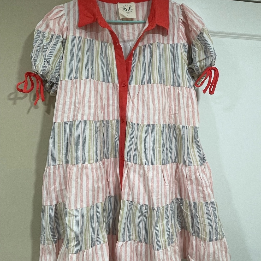 Striped Button-Up Dress with Orange  Accents